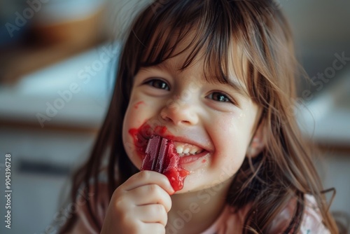 Joyful girl freckles laughs genuinely cheerful setting. Kid enjoys the creamy goodness of ice cream.  Freckles happy face symbolize life's simple delights. photo