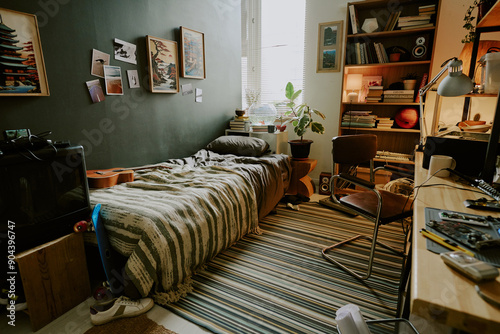Photos Messy male room in dormitory fully equipped with furniture and personal stuff