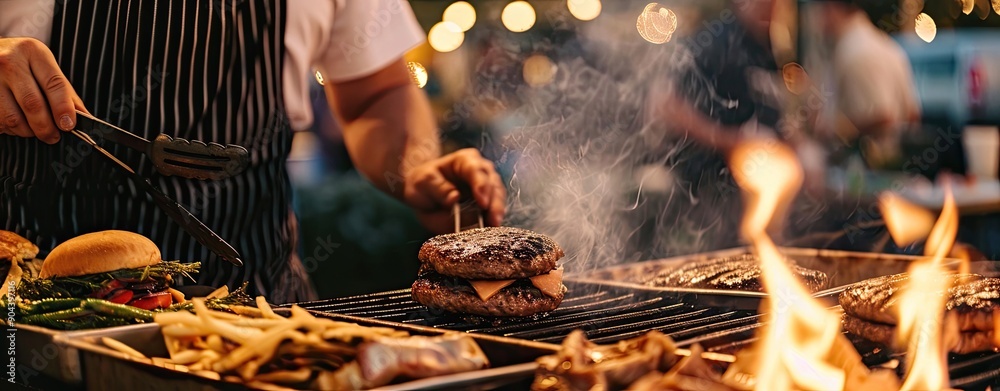 Fototapeta premium Chef grilling burgers at an outdoor international food festival Street food served from stall.