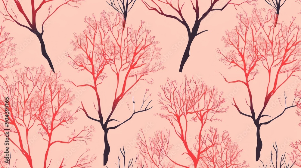 Seamless pattern of red minimalistic coral trees on a coral pink background ideal for wallpapers fabrics and product packaging designs Seamless pattern of red minimalistic coral trees on a coral pink background ideal for wallpapers fabrics and product packaging designs