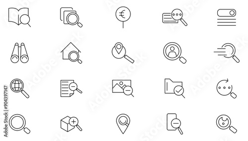 Search line icon set. Contains a magnifying glass, find, protection, check mark, tick box, look tool, Zoom and find document Outline icon collection. UI thin icon pack.