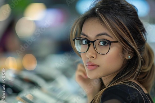 The beautiful businesswoman wearing glasses is carefully calculating bills in her office, looking thoughtful as she considers taxes and invoices.