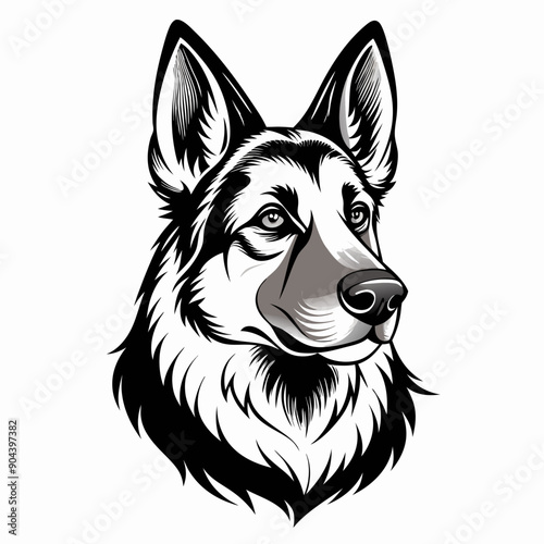 German Shepherd dog breed head vector illustration. Pet portrait in style of hand drawn black doodle on white background