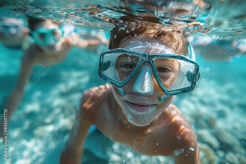 A young boy wearing a snorkel mask looks up at the camera while swimming underwater in clear blue water