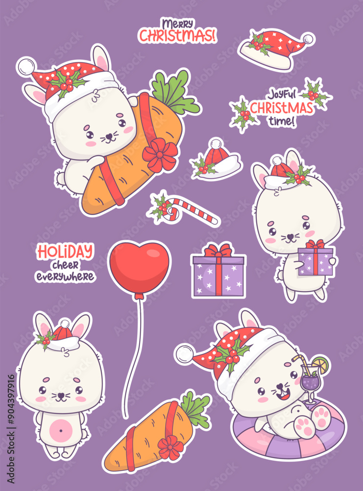 Cute Christmas bunny in Santa hat stickers. Isolated festive funny kawaii rabbit character with carrot and gift, animal floating on inflatable ring with cocktail and cool phrases. Vector illustration Cute Christmas bunny in Santa hat stickers. Isolated festive funny kawaii rabbit character with carrot and gift, animal floating on inflatable ring with cocktail and cool phrases. Vector illustration
