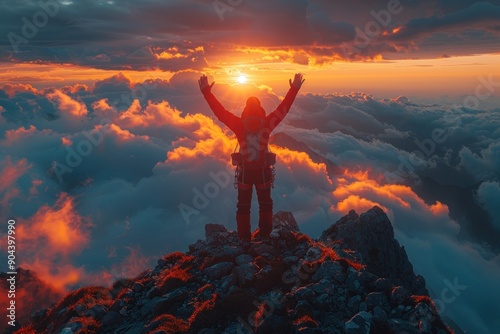 A man standing on top of the mountain with his arms raised in victory.