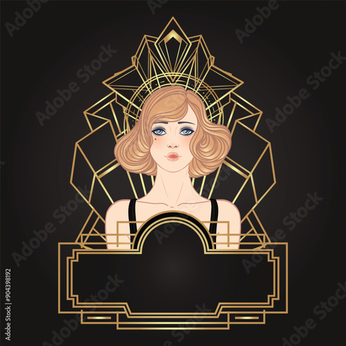 Art Deco vintage invitation template design with illustration of flapper girl over patterns and frames. Retro party background set in1920s style. Vector for glamour event, thematic wedding or jazz