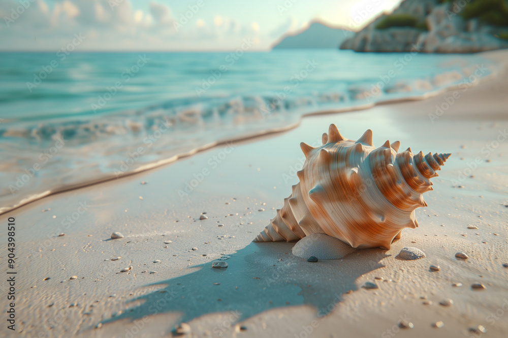 Conch Shell on Coastal Shoreline, Beach Scene, Seashell on Reflective Sand: Ocean Beauty Conch Shell on Coastal Shoreline, Beach Scene, Seashell on Reflective Sand: Ocean Beauty