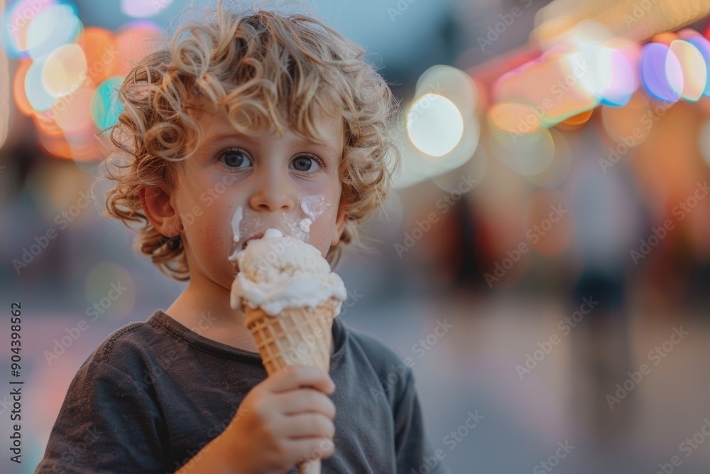 His blue eyes sparkle natural and carefree spirit. Child savors each bite of their ice cream cone. Symbol of natural beauty and childhood wonder outdoor setting. His blue eyes sparkle natural and carefree spirit. Child savors each bite of their ice cream cone. Symbol of natural beauty and childhood wonder outdoor setting.