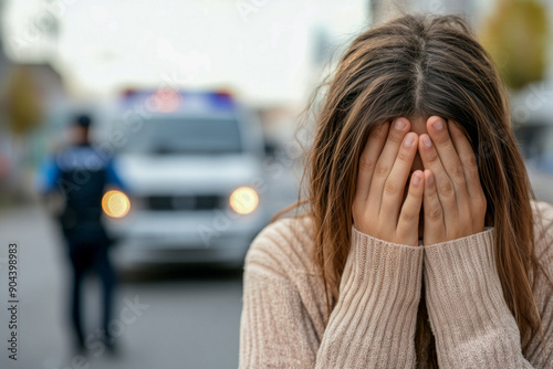 Distressed Woman Covering Face Near Police Car