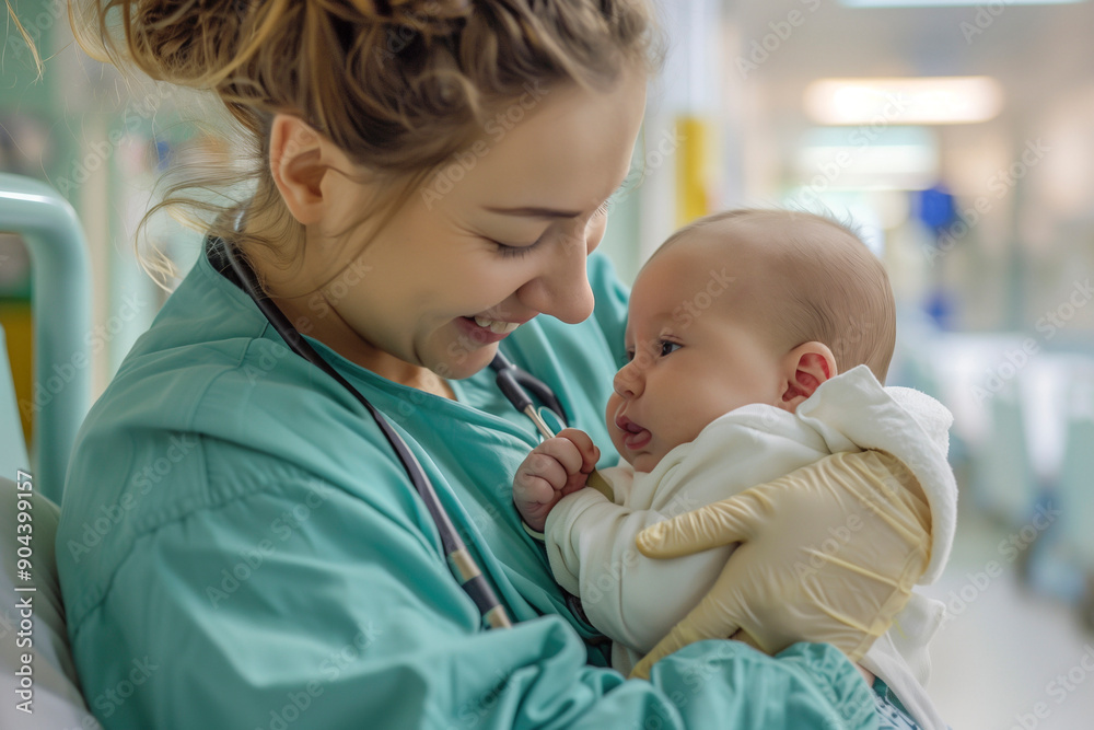 Health care concept. Smiling obstetric nurse caring for newborn baby in hospital Health care concept. Smiling obstetric nurse caring for newborn baby in hospital