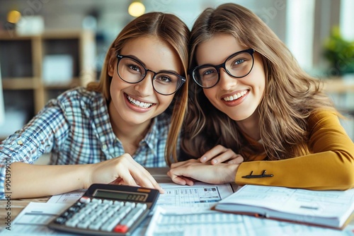 Two beautiful colleagues, smiling and laughing while wearing eyeglasses, are checking an invoice on a calculator, book, and accountant in the office.