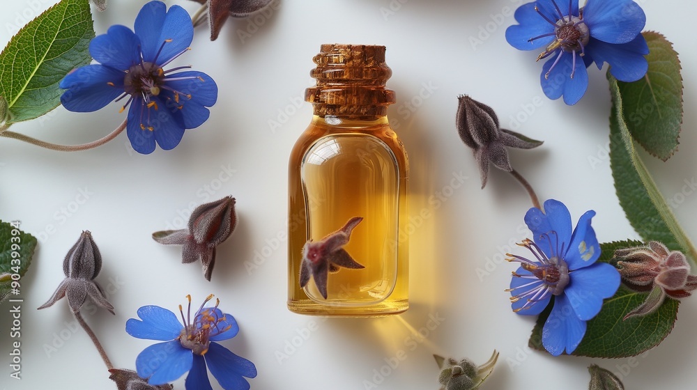 borage oil, skin care conceptual, on white background borage oil, skin care conceptual, on white background