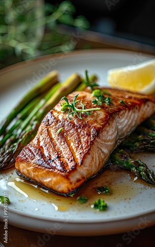 salmon fillet with a crispy skin, served with roasted asparagus spears and lemon.