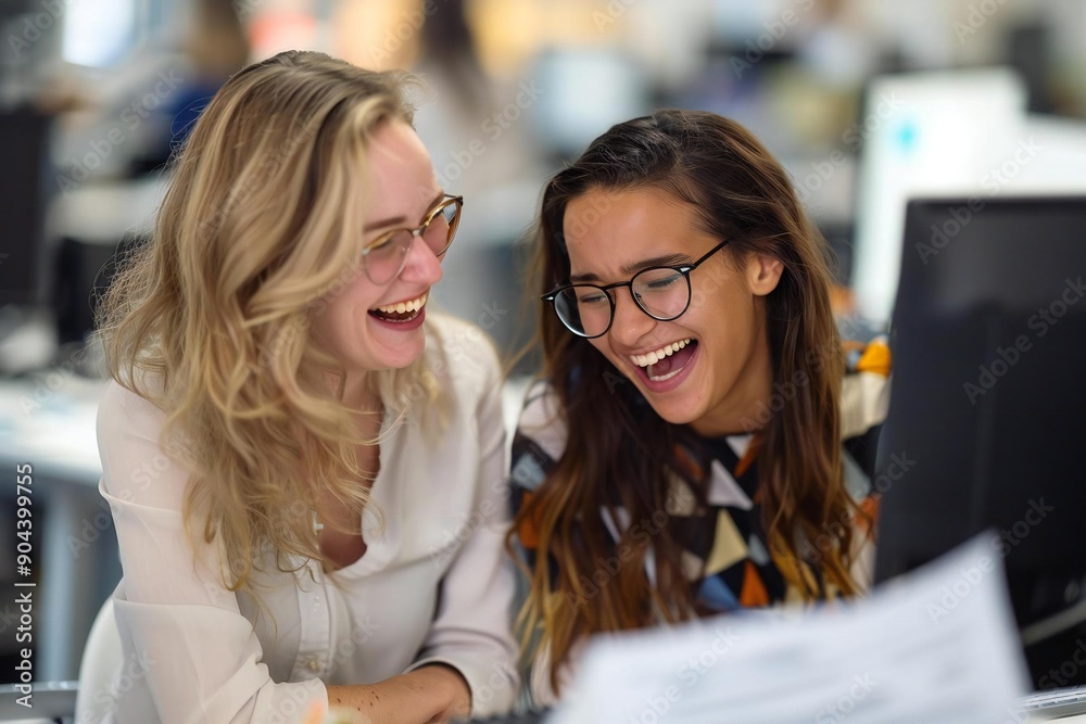 Two beautiful women, one wearing eyeglasses, are smiling and laughing while looking at a curriculum vitae on a computer screen in an office setting. Two beautiful women, one wearing eyeglasses, are smiling and laughing while looking at a curriculum vitae on a computer screen in an office setting.