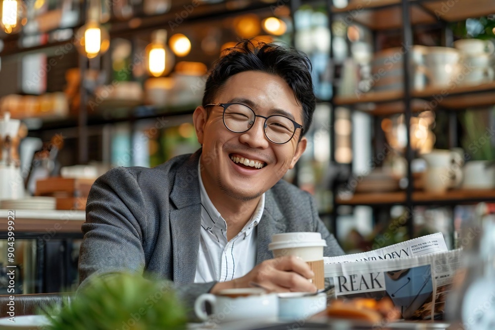 Portrait of a beautiful smiling businessman wearing eyeglasses, looking at the newspaper and laughing while sipping coffee.