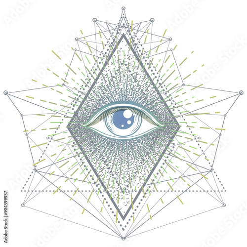 Sacred geometry symbol with all seeing eye over in acid colors. Mystic, alche...