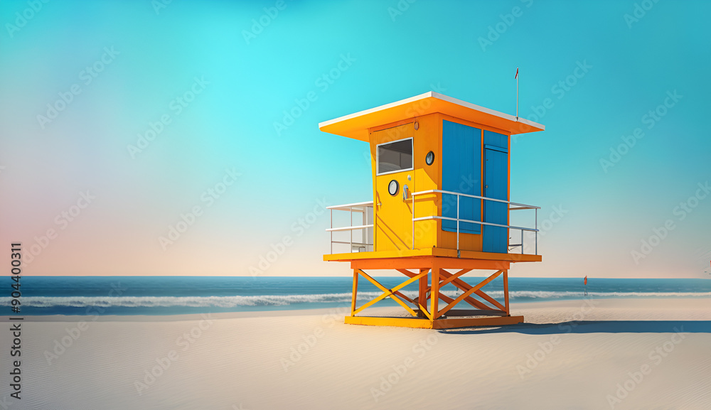 Bright yellow lifeguard tower on the beach with blue pink sky on the background Bright yellow lifeguard tower on the beach with blue pink sky on the background