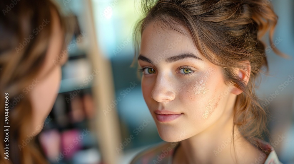 beauty makeup. Makeup artist, applying foundation, client beauty makeup. Makeup artist, applying foundation, client