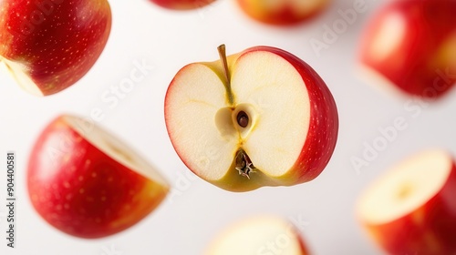 Fresh, juicy red apples sliced in half floating in mid-air isolated on a white background, showcasing healthy and nutritious fruit. photo