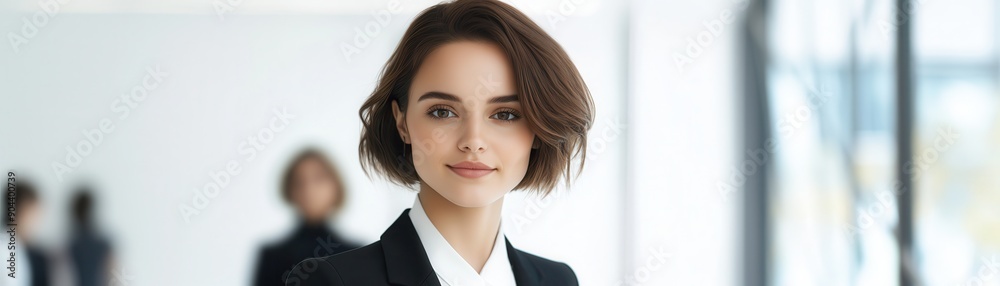Professional woman in formal attire stands confidently in a modern office setting, with blurred colleagues in the background. Professional woman in formal attire stands confidently in a modern office setting, with blurred colleagues in the background.