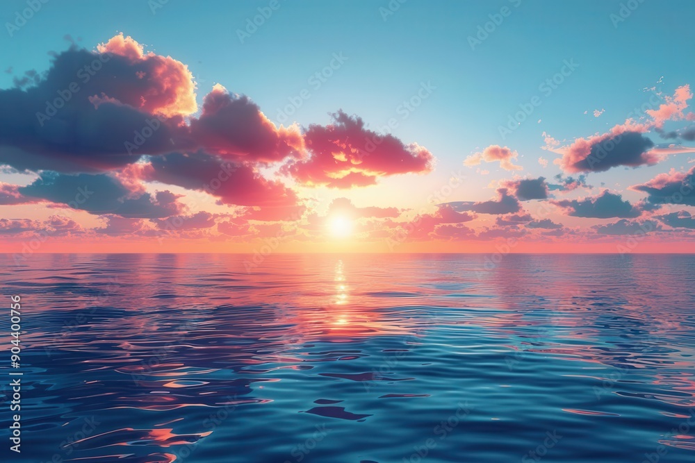 Fototapeta premium Ocean horizon with a dramatic sunset, seascape background, serene evening