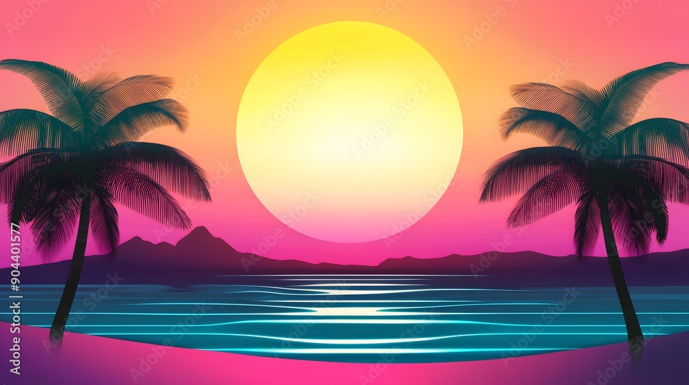Silhouettes of palm trees against a vibrant sunset over the ocean. Silhouettes of palm trees against a vibrant sunset over the ocean.