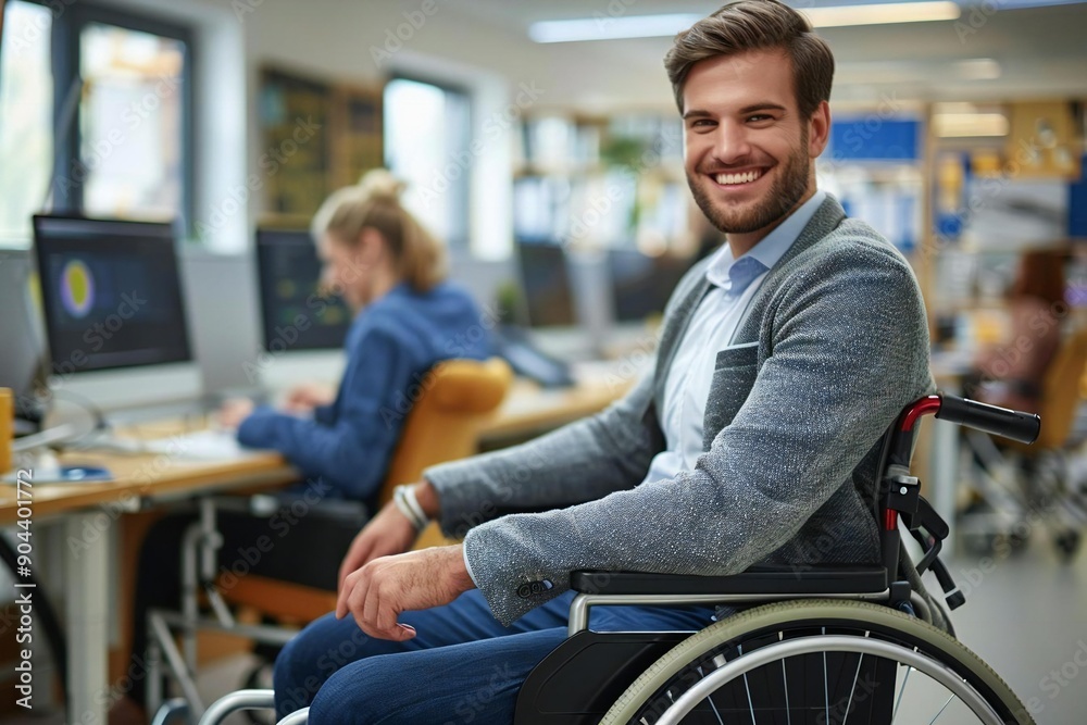 Beautiful businessman sitting on wheelchair in office, looking at computer screen with a smile.