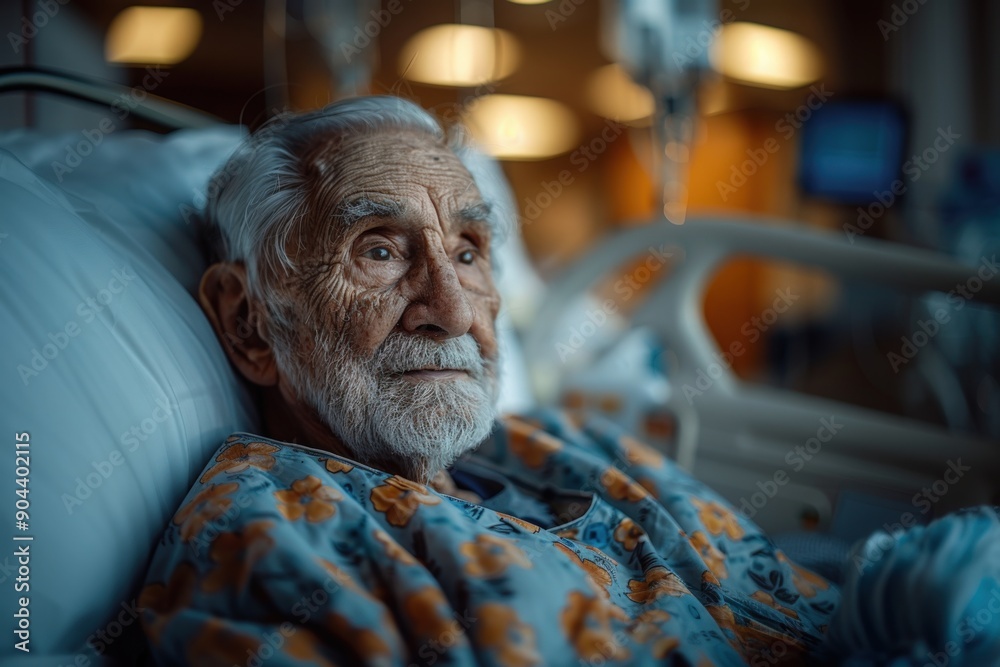 Elderly patient gazes with concern from hospital bed, revealing vulnerability and contemplation in healthcare setting Elderly patient gazes with concern from hospital bed, revealing vulnerability and contemplation in healthcare setting