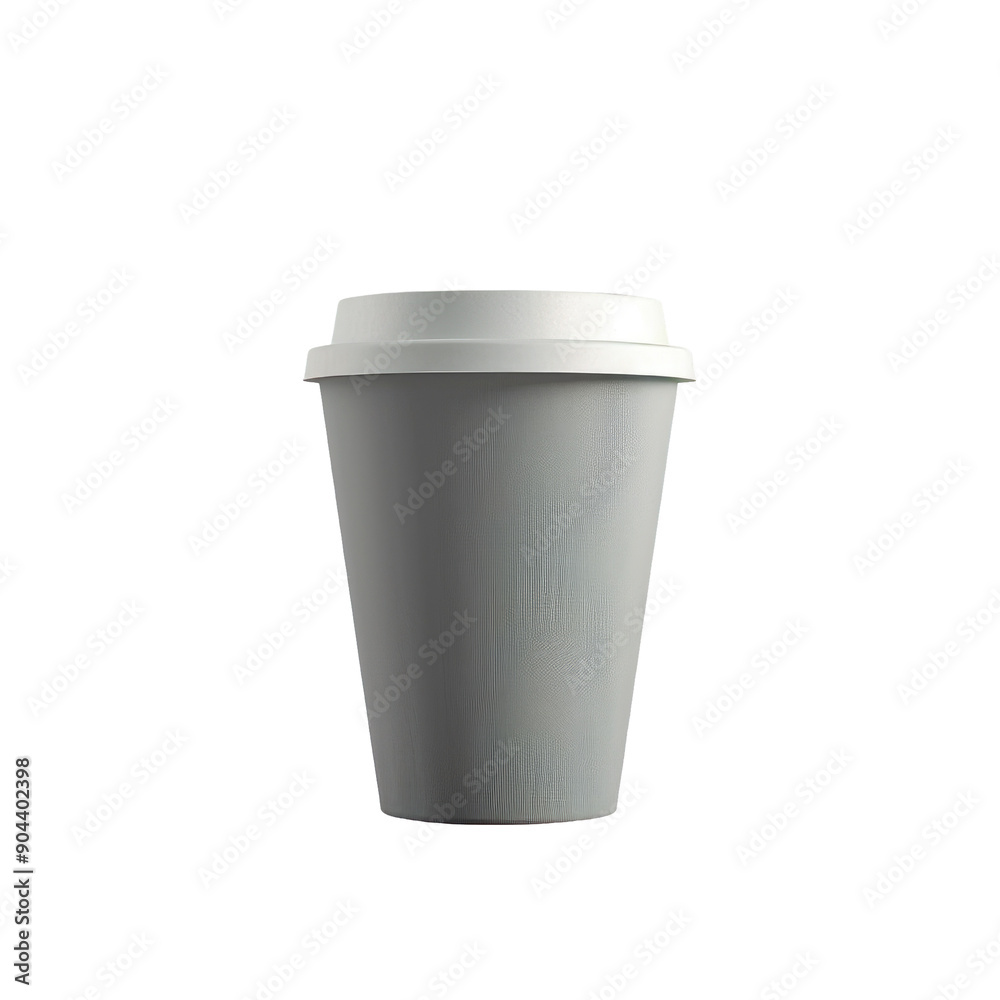gray disposable paper cup with paper lid viewed from the front against a transparent background
