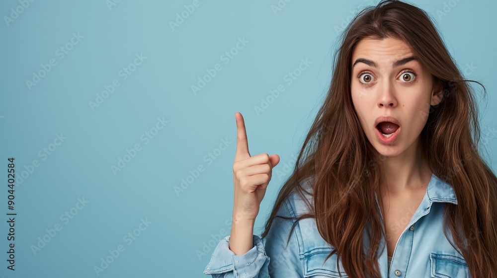 Startled Young Woman in Denim Pointing Upwards with
Copy space text Startled Young Woman in Denim Pointing Upwards with
Copy space text