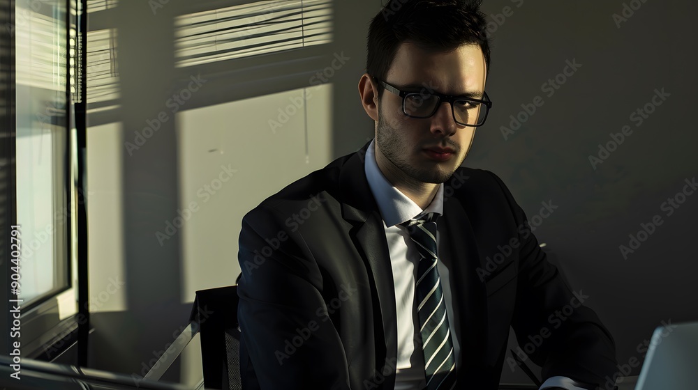 A young man in a suit looks intently at the camera. A young man in a suit looks intently at the camera.