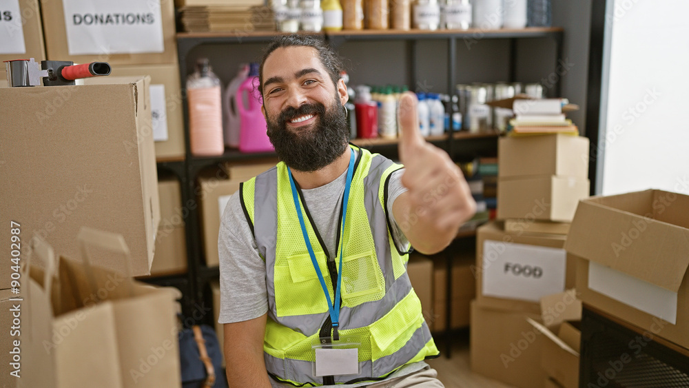 Happy young hispanic man with a beard giving thumbs up in a busy warehouse interior filled with donations and shelves. Happy young hispanic man with a beard giving thumbs up in a busy warehouse interior filled with donations and shelves.