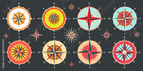Vintage marine wind rose, nautical chart. Colorful navigational compass with cardinal directions of North, East, South, West. Geographical position, cartography and navigation. Vector illustration