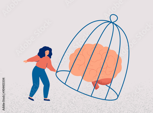 Woman frees her mind from a cage for new ideas, life experience, exploration, looking for opportunity. Girl opens for new horizons and to analysing information without prejudice. Vector illustration
