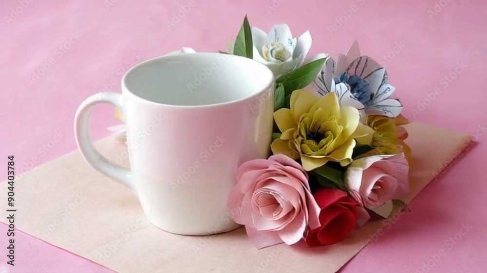 A white mug in the centre of a large artistic paper cutout paper flower bouquet. Pastel pink background with copy space. Stock mockup product eccomerce video. A white mug in the centre of a large artistic paper cutout paper flower bouquet. Pastel pink background with copy space. Stock mockup product eccomerce video.