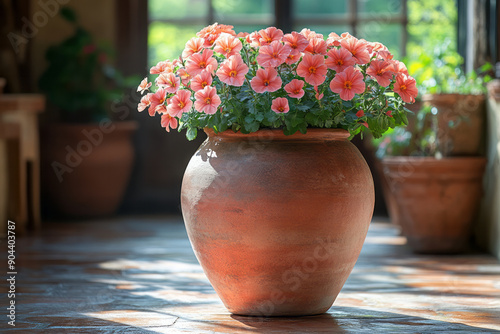 Clean image of a warm terracotta vase with fresh flowers, highlighting natural beauty, photo