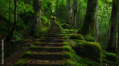 A mossy staircase in a forest with trees lining both sides