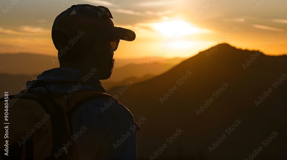 Silhouette of a man in a cap watching the sunset over a mountain range. Silhouette of a man in a cap watching the sunset over a mountain range.