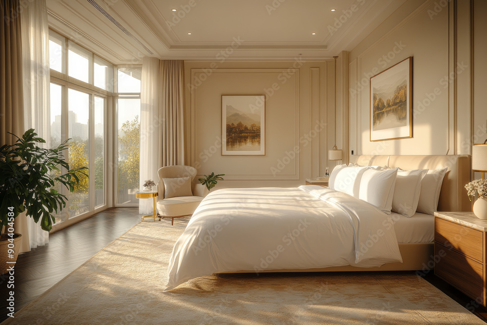 Fototapeta premium Minimalist scene of a luxury hotel suite with a king-sized bed, elegant furnishings, and a serene view,