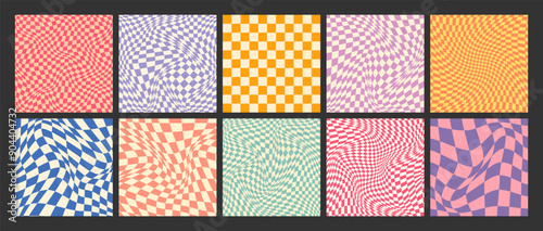 Groovy checkered pattern, colorful distorted tiled grid. Vintage wavy curved backdrop, distortion effect. Funky geometric chessboard texture, retro background in 90s style, y2k. Vector illustration