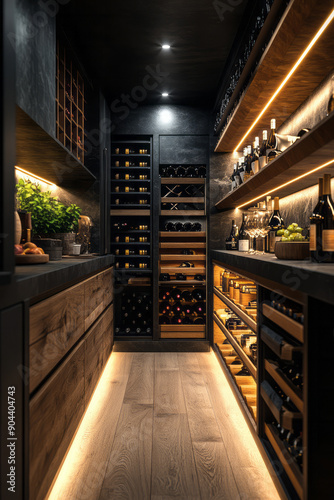 Elegant representation of a private wine cellar with custom storage and a minimalist design,