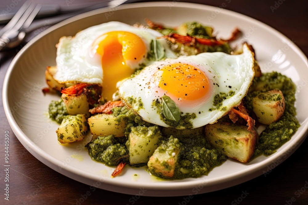 Breakfast plate with root vegetable hash and fried eggs covered with shaved parmesan cheese and with basil pesto Breakfast plate with root vegetable hash and fried eggs covered with shaved parmesan cheese and with basil pesto