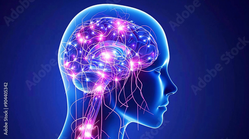 A digital illustration of a human head with glowing neural pathways in vibrant purple against a blue background