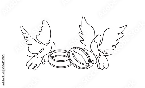Hand drawn one line vector.Wedding day. Wedding rings and flying pigeons vector one continuous  line art. Illustration with quote template. Can used for logo, banner, booklet, flyer, brochure