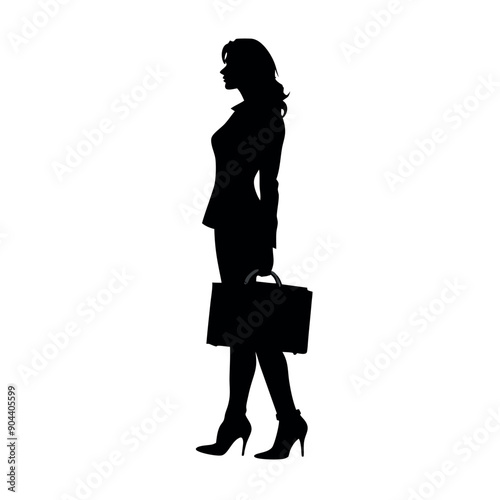 a professional business woman stand with suitcase, brifcase, vector silhouette, slim and beautiful woman photo