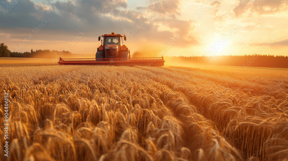 Fototapeta premium Tractor harvesting and baling wheat field