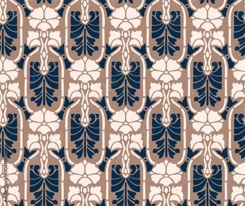 Art Nouveau Floral Bouquet and Ornaments Simless Vector Pattern in Beige Blue Color, for Wallpaper, Textile and Cards