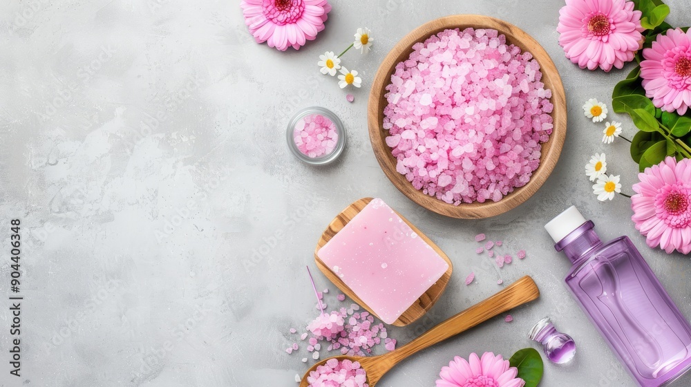 A calming spa setup with bowls of pink Himalayan salt, essential oil bottle, delicate flowers, and a soothing candle arranged on a light grey surface A calming spa setup with bowls of pink Himalayan salt, essential oil bottle, delicate flowers, and a soothing candle arranged on a light grey surface