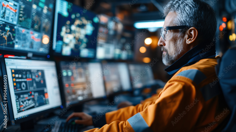 Man in an orange industrial uniform working in a control room with multiple monitors displaying data and graphics. Man in an orange industrial uniform working in a control room with multiple monitors displaying data and graphics.